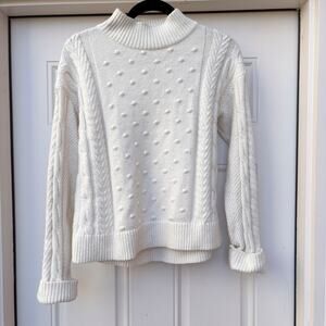 1.State White Pom-Pom Textured Cable Knit Sweater, Oversized, Cuff Sleeve Size S